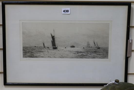 William Lionel Wyllie, etching, Fairway to Portsmouth Harbour, signed in pencil, 15 x 35cm